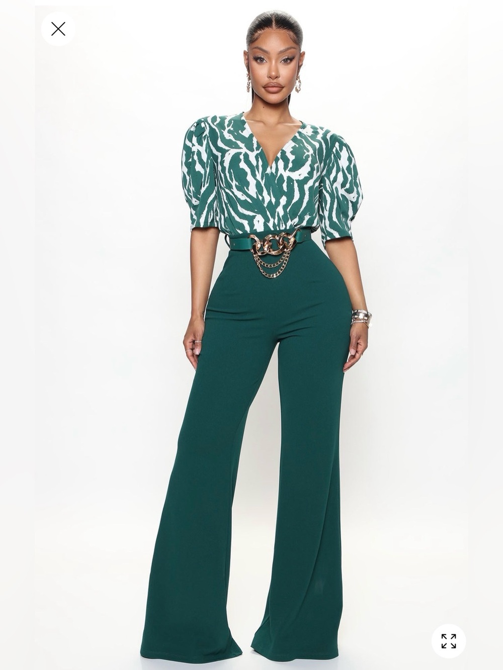 Fashion Nova Teal Green Wide-Leg Jumpsuit with Patterned Bodice